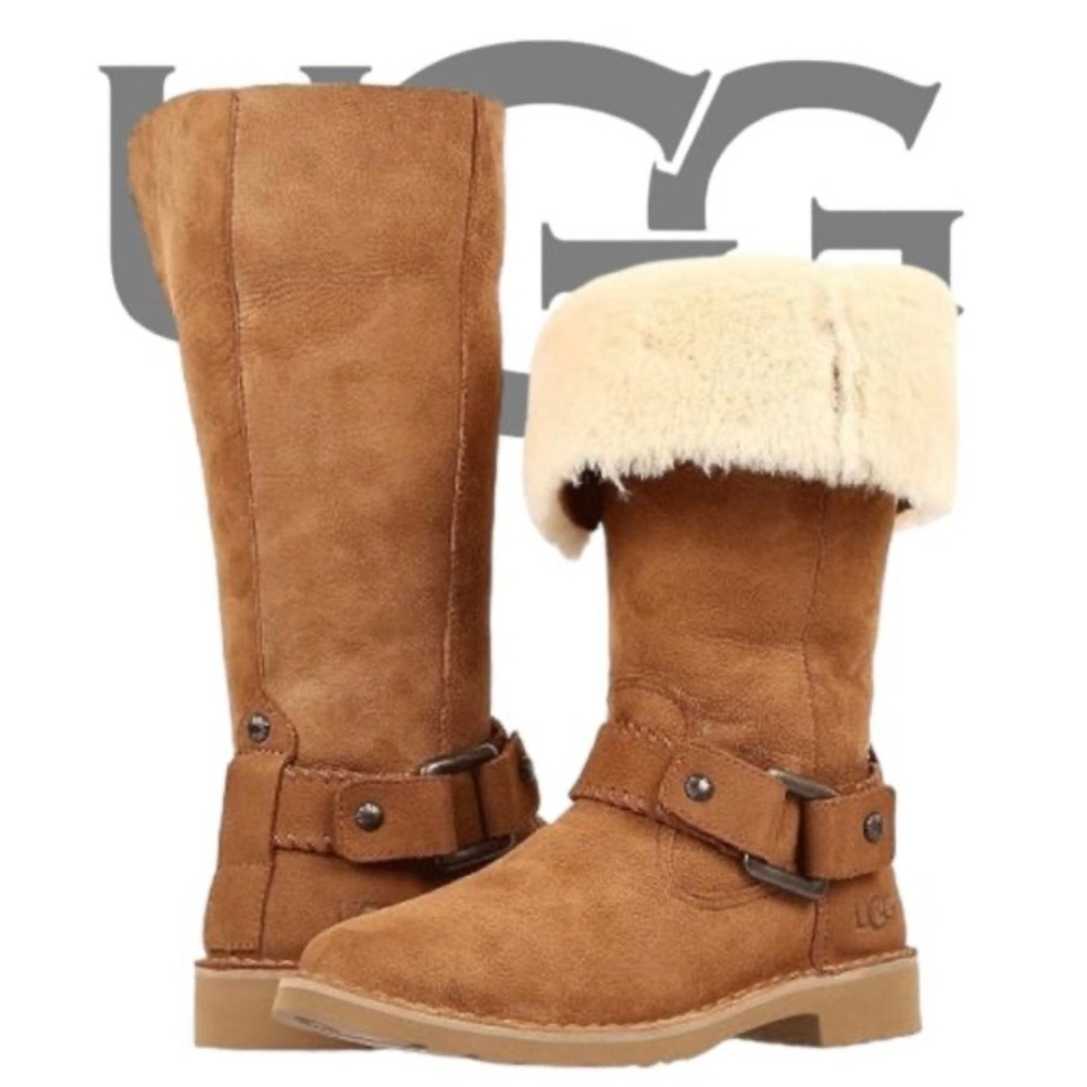 Ugg Braiden Fold Over Cuff Boots Brown Suede Sheepskin‎ Shearling Lined Wms 9.5